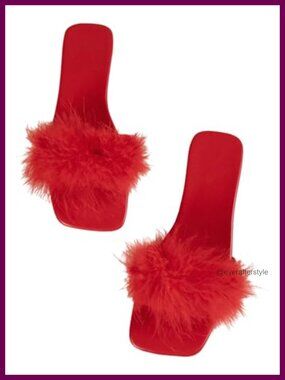 Faux Leather Fuzzy Slide Sandals Open Toe Dressy Summer Flats